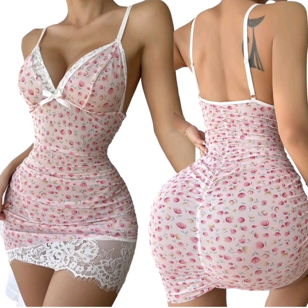 Women's Sexy Deep V Floral Lace Trim Babydoll Lingerie Chemise Nightgown Sets US
